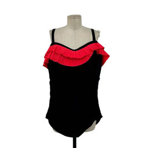City Chic Black Ruched One‎ Piece Hot Pink Red Ruffle Top XL / Plus Size 22